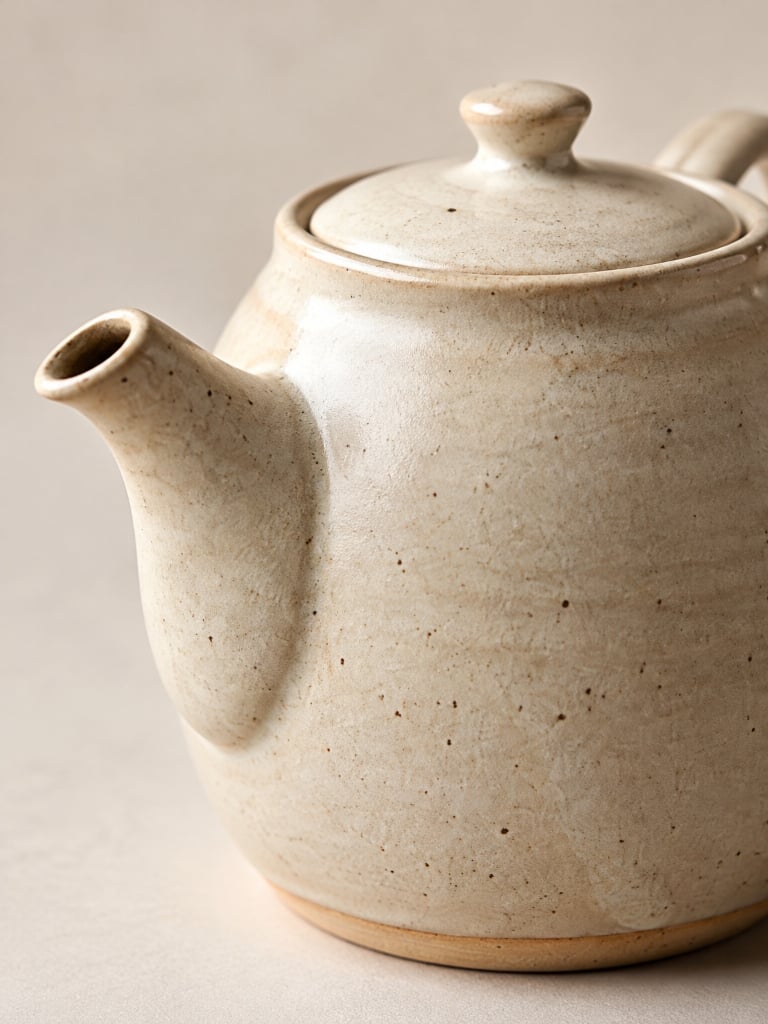 Close-up detail of ceramic teapot spout and glaze