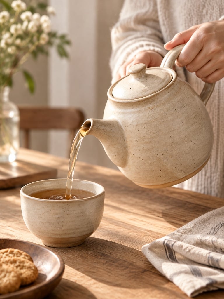 Pouring tea from artisan ceramic teapot